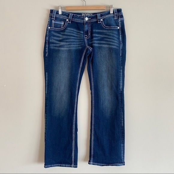 𝅺rock & Roll Cowgirl Riding Jeans Bootcut Women's Sz 33x32 Dark wash - Picture 2 of 10